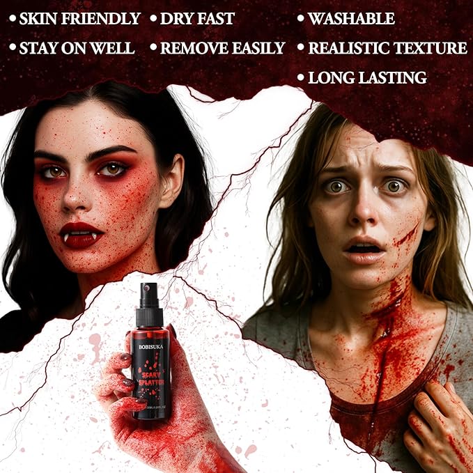 Halloween Makeup Kit - Dark Fake Blood Spray + 4 Sheet Temporary Scars Wounds Tattoos , Realistic Dark Blood Splatter Non-Toxic Washable for Zombie, Clown, Vampire Cosplay, Costume, Stage, SFX Make Up