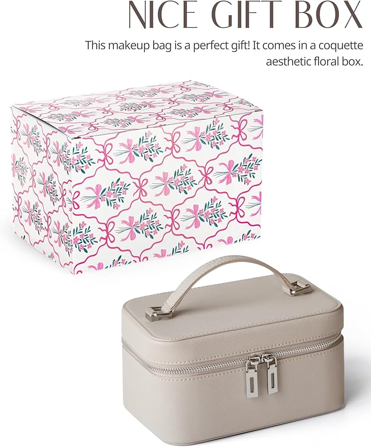 Popvibe Travel Makeup Case with Mirror and Light Up Vanity Case Make Up Bag Set with Brush Holder Srorage, Leather Cosmetic Case Compact Luxury Small Train Case with Handle, Portable Makeup Box Cute