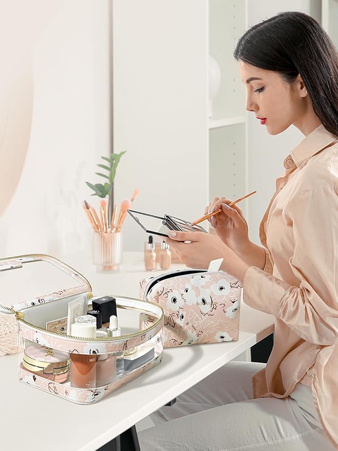 ROWNYEON Clear Makeup Case Toiletry Bag Multipurpose Travel Makeup Train Case Portable Cosmetic Organizer Transparent Storage Bag