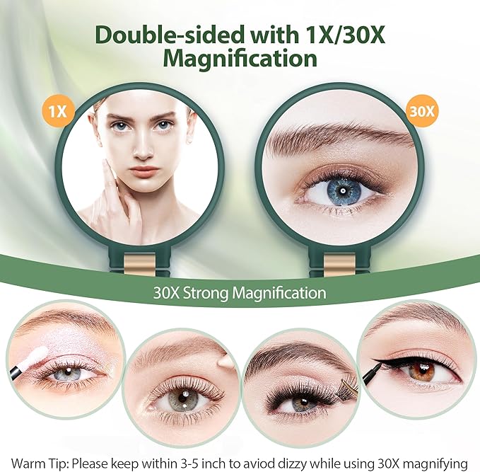 B Beauty Planet 30X Magnifying Mirror, Hand Mirror with Handle, Double Sided Hand Mirror with 30X/1X Magnification, Travel Essential Portable Foldable Makeup Mirror for Precision MakeupGreen