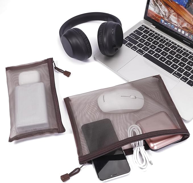 12 Pieces Zipper Nylon Mesh Pouch, Mesh Cosmetic Bags Makeup Bags Pencil Case, Multipurpose Travel Bags for Cosmetic School Office Supplies and Travel Accessories (Coffee, A5+B6)