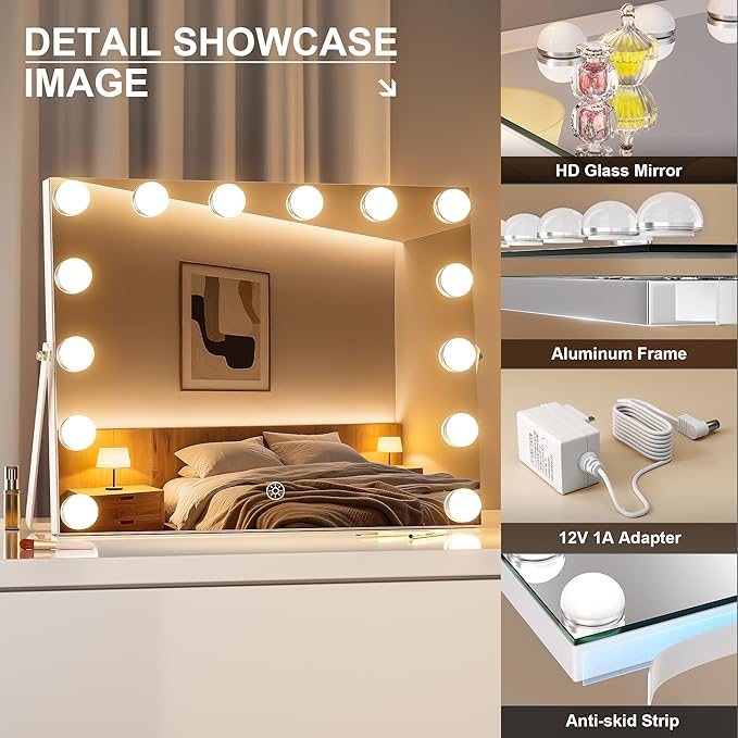 MINISO Vanity Mirror with Lights - 18" x 14" Hollywood Makeup Mirror with Adjustable Brightness,3 Modes Light, 360°Rotation