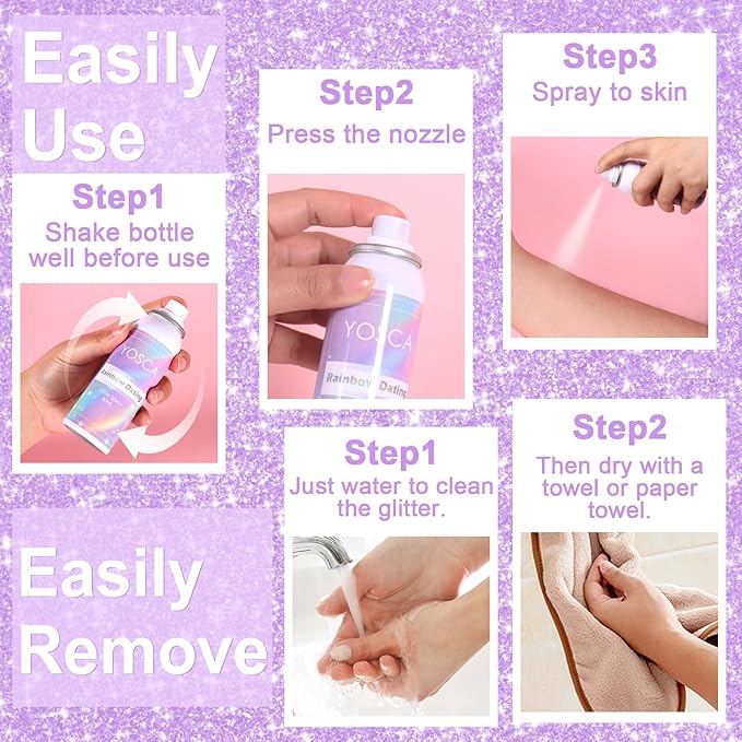 Yosca Body Glitter Spray, 80ML Holographic Silver Glitter Hairspray, Quick-Drying and Long-Lasting Shiny Glitter Spray for Body Hair Sparkling Makeup Festival Concert Party Clothes Rave Accessories