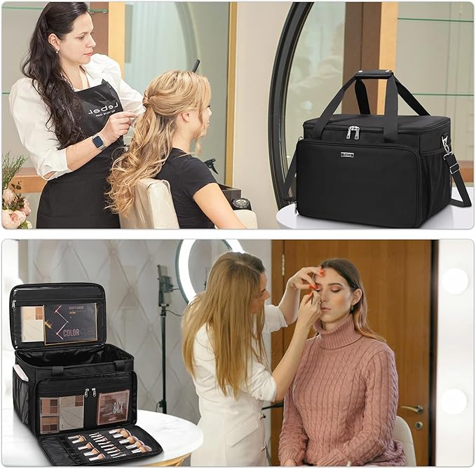 Extra Large Makeup Bag Travel Makeup Case Makeup Artist Bag Professional Makeup Bag Hairstylist Cosmetic Bag with Detachable Dividers and Shoulder Straps