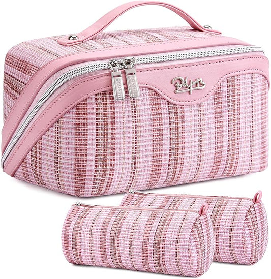 Travel Makeup Bag for Women: Large Capacity Open Flat Make up Bag Set of 3 - Vegan Leather Cosmetic Bag with Compartments - Waterproof Toiletry Bag with Handle & Divider(Pink)