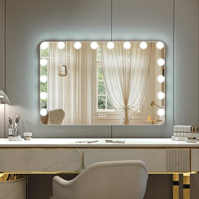BEAUTME Large Vanity Mirror with Lights, 36''×24'' Makeup Mirror, Light up Mirror with 16 Dimmable LED Lights and 10X Magnification, 3 Lighting Modes, Touch Control