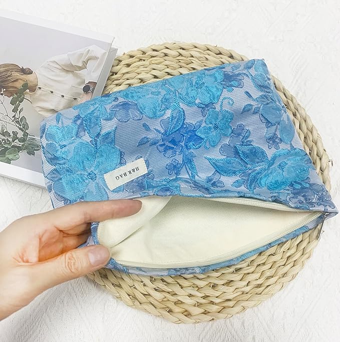 2 Pcs Makeup Bags, Large Cosmetic Bag Travel Toiletry Bag Organizer for Women, Embroidery Craft, Floral Makeup Bag Small Cosmetic Pouch Purse with Zipper Gifts for Girls Teen