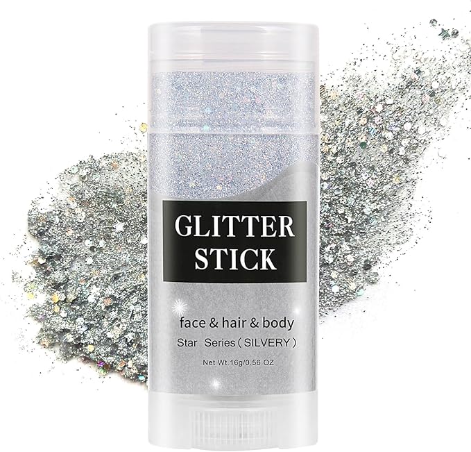 MEICOLY Silver Body Glitter Stick,Waterproof Halloween Face Glitter Gel,Chunky Glitter Face Paint,Mermaid Sequin Hair Glitter Makeup,Sparkle Body Glitter for Women and Kid,Festival Accessories Glitter