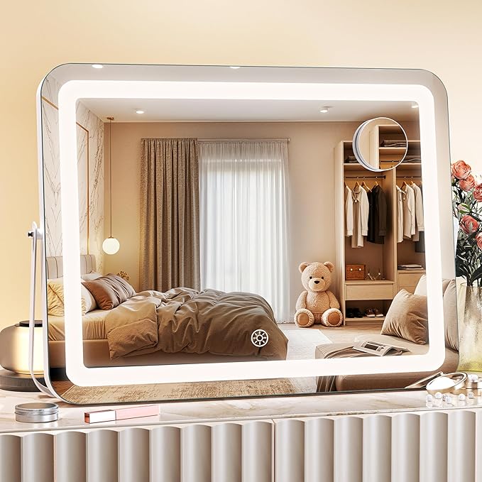 MINISO Vanity Mirror with Lights, 18" x 14" LED Makeup Mirror, Light & Brightness Adjustment, Smart Sensor, 360°Rotation, Aluminum Alloy Metal White Frame, with 5X Magnifying Glass