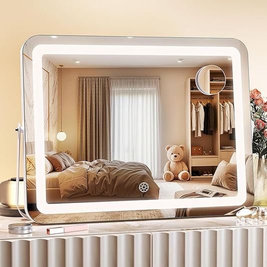 MINISO Vanity Mirror with Lights, 18" x 14" LED Makeup Mirror, Light & Brightness Adjustment, Smart Sensor, 360°Rotation, Aluminum Alloy Metal White Frame, with 5X Magnifying Glass