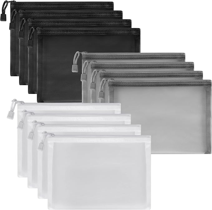 12 Pieces Zipper Nylon Mesh Pouch, Mesh Cosmetic Bags Makeup Bags Pencil Case, Multipurpose Travel Bags for Cosmetic School Office Supplies and Travel Accessories (Black,White,Grey, A5)