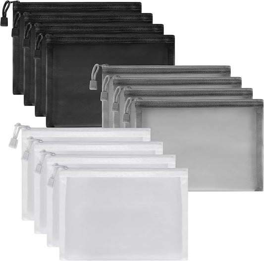 12 Pieces Zipper Nylon Mesh Pouch, Mesh Cosmetic Bags Makeup Bags Pencil Case, Multipurpose Travel Bags for Cosmetic School Office Supplies and Travel Accessories (Black,White,Grey, A5)