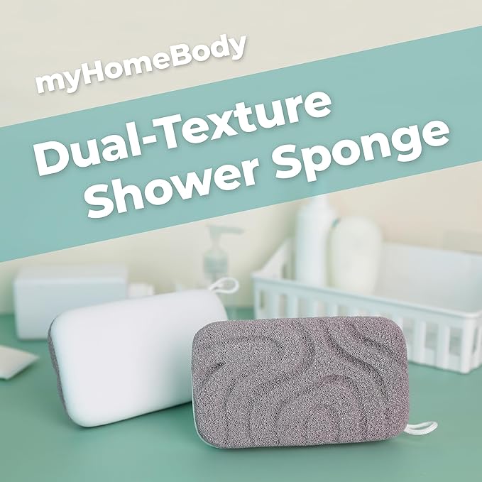 myHomeBody Dual-Texture Shower Sponge, Beauty Body Scrubber Exfoliator for Women, Exfoliating Loofah for Men, 1pc