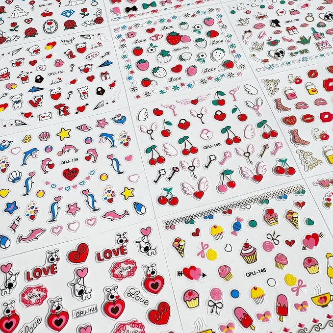 30 Sheets Heart Valentine Nail Art Stickers Decals 3D Self-Adhesive Pegatinas Uñas Red Heart Nail Decals Red Lips Rose Nail Supplies for DIY Acrylic Nail Art Decoration for Women and Girls