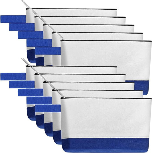 10 Pieces Cotton Canvas Makeup Bag with Bottom and Strap, Multi-Purpose Cosmetic Bag with Zipper Travel Toiletry Pouch, Blank DIY Craft Bag (White&Blue, L)