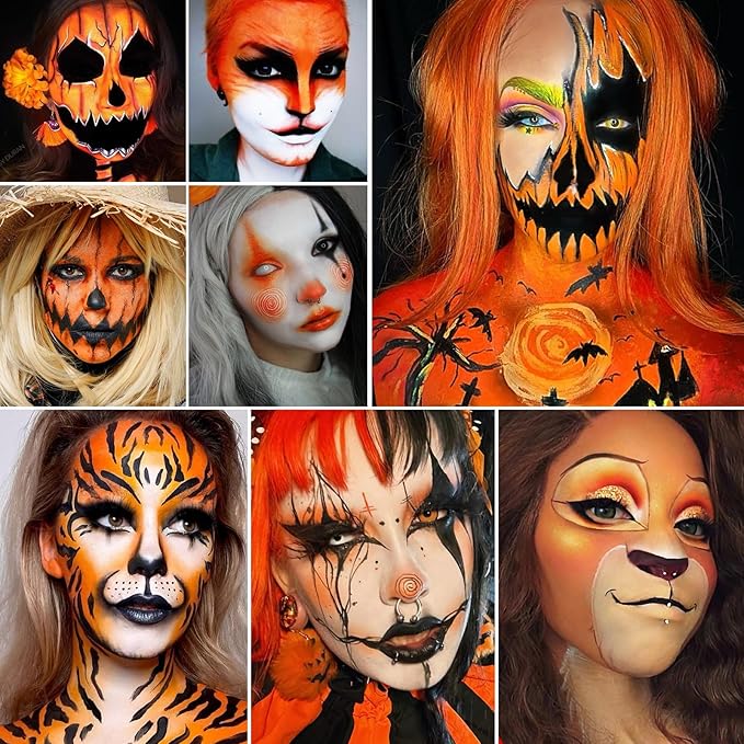 Black Orange Yellow Face Body Paint, Halloween Scarecrow Makeup Kit (3 Sponges + 5 Brushes), 9 Pcs Oil Based Non Toxic Face Painting Kit for Halloween Pumpkin SFX, Clown, Tiger, Lion, Fox, Costume Cos