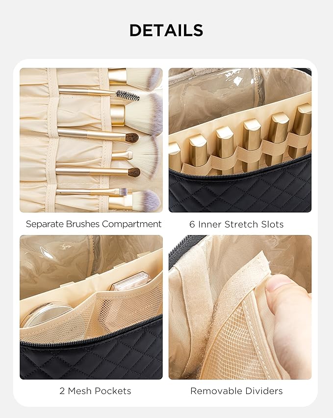 Makeup Bag for Women X-Large Travel Makeup Bag Organizer Portable Toiletry Bag Cute Makeup Bags Waterproof Leather Cosmetic Bag Makeup Case with Removable Dividers, Lattice Black