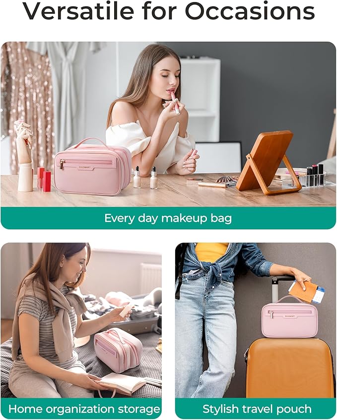 BAGSMART Travel Makeup Bag, Make Up Bag with Multiple Compartments for Organizer, Compact & Durable Cosmetic Organizer for Women for Travel Accessories (Pink