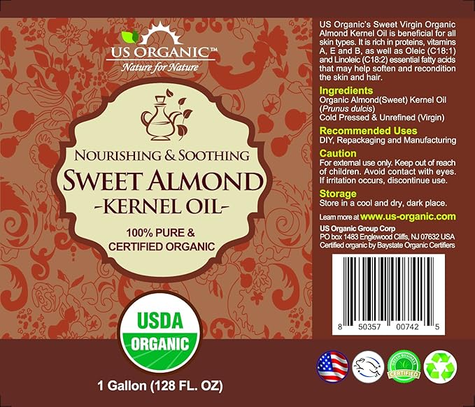 US Organic Sweet Almond Kernel Oil, USDA Certified Organic,100% Pure & Natural, Cold Pressed Virgin, Unrefined, Size for DIY and small manufacturers, Sourced from Poland (128 oz (1 Gallon))