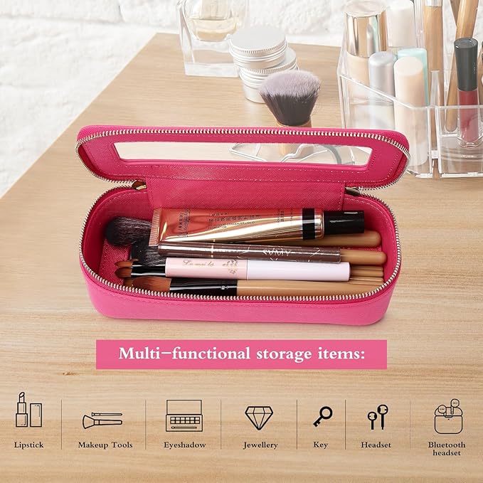 Pinkmik Makeup Brush Case Clear Travel Cosmetic & Toiletry Bag Small Makeup Bag with Zipper Purse Organizer Car Essential Bag for Women (X/Fuxia, SLIM)