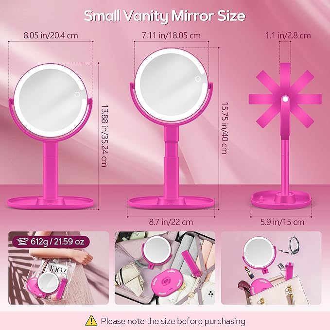 B Beauty Planet Makeup Mirror with Lights, Lighted Magnifying Mirror 30X with 3 Lighting and Adjustable Brightness, 2-Sided Height Adjustable Vanity Mirror for Bathroom, Gifts for Women Hot Pink