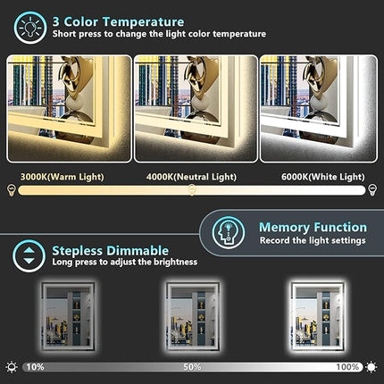 24x32 LED Bathroom Mirror with Lights, Backlit and Front Lit, Anti-Fog Lighted Vanity Mirrors for Bathroom Wall, Dimmable, 3-Color Light, Memory, Shatter-Proof, HD Tempered Glass, CRI＞90