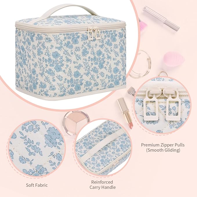 OCHEAL Travel Makeup Bag, Cosmetic Bags for Women Makeup Case Organizer Large Capacity Travel Toiletry Bag Storage Bags with Divider and Handle for Cosmetics Toiletries Brushes Tools-Blue Floral