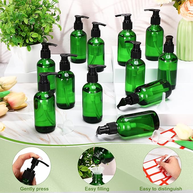 Tanlade 12 Pcs Glass Pump Bottle Dispenser 4 oz Travel Bottles with Pump Refillable Glass Containers for Toiletries Lotion Liquid Soap Shampoo Essential Oils Cosmetic Travel Accessories(Green)