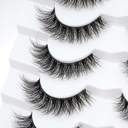 Happy Heartbeat 3D Clear Band Lashes 14mm Natural Soft Faux Mink Lashes C/D Curl Cat Eye Wispy Fake Eyelashes Short Cross Reusable False EyeLashes 7 Pairs (No.200)