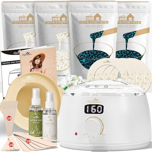 Lifestance Waxing Kit for Women & Men - White L2 Digital Warmer, Silicone Wax Pot Liner, Hair Removal Kit with 14.1oz Hard Wax Beads & Oil Spray, Professional for Home Brazilian Bikini Face Leg Body