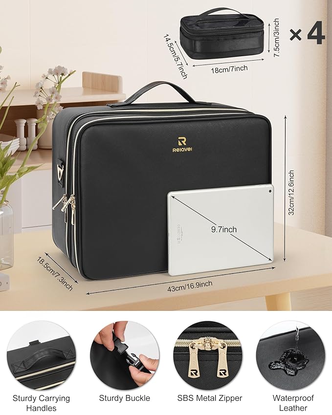 Relavel Makeup Bag, Extra Large Makeup Case, Cosmetic Storage Organizer Box Brush Holder with 4 Clear Set Bags and Adjustable Dividers and Shoulder Strap for Professional Make Up Artists