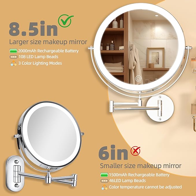 8.5" Wall Mounted Makeup Mirror with Light, 2000mAh Rechargeable Double Sided 1X / 10X Magnifying Vanity Mirror, 3 Color Lights Touch Dimmable 360° Rotation Bathroom Mirror, Chrome