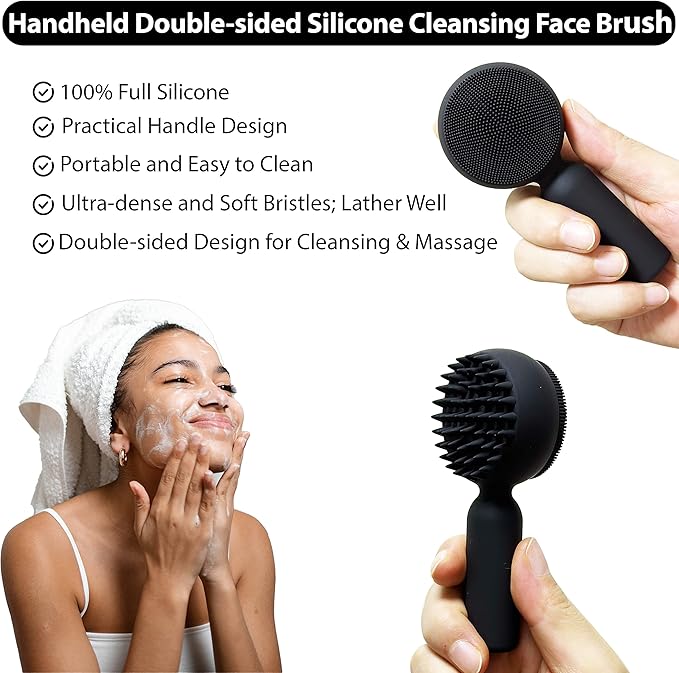 Silicone Facial Cleansing Brush 2 in 1 Silicone Facial Scrubber Manual Exfoliating Facial Brush Face Cleanser Face Exfoliator Ultrafine Bristles for Sensitive Skin Easy to Clean Lather Well (Black)