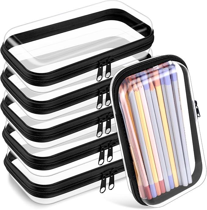 Sanwuta 6 Pcs Clear Hard Zipper Case Pencil Pouches Hard Plastic Zipper Pouches Makeup Bag Transparent Cases for Snacks Plastic Storage Organizer Box for Travel(Black,7.48 x 3.94 x 2 Inch)