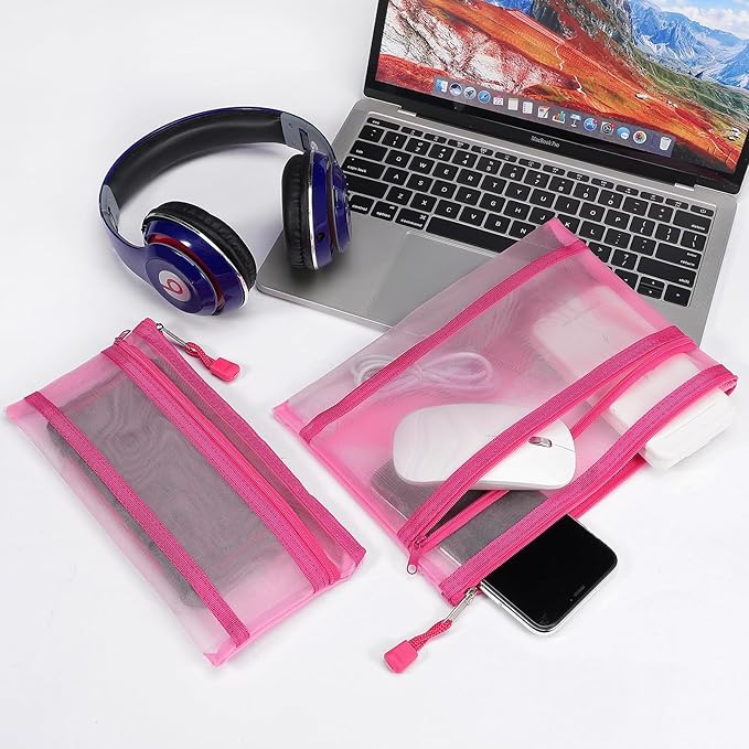 12 Pieces Zipper Nylon Mesh Pouch, Mesh Cosmetic Bags Makeup Bags Pencil Case, Multipurpose Travel Bags for Cosmetic School Office Supplies and Travel Accessories (2 Layers-Pink, A5)