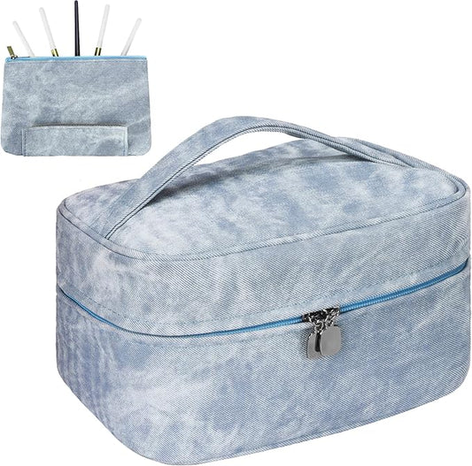 Makeup Bag, Portable Cosmetic Bag, Large Capacity Travel Makeup Case Organizer,Stylish Denim-Look Toiletry Bag for Women Girls With Handle and Removable Pouch