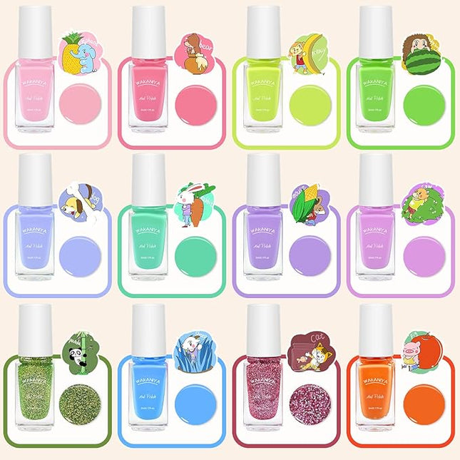 Kids Nail Polish, Non-Toxic Toddler Nail Polish Water-Based Peel-Off Quick Dry Low Odor 12 Candy Colors Mini Nail Kit for Girls