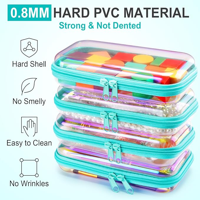Hoolerry 4 Pcs Hard Clear Zipper Case Makeup Bags Plastic Pencil Pouch Transparent Storage Box Containers for Cosmetics, Snacks, Building Blocks, Puzzles(Blue Laser,7.5 x 3.9 x 2 in)