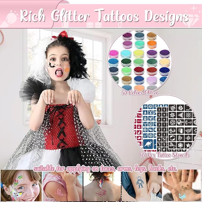 TEUVO Kids Glitter Tattoo Kit with 50 Colors, 177 Stencils, 25 Mixed Pattern Stickers(Colored/Luminous), 2 Gem Stickers, Body Face Glitter Makeup Temporary Tattoos for Halloween Christmas Birthday