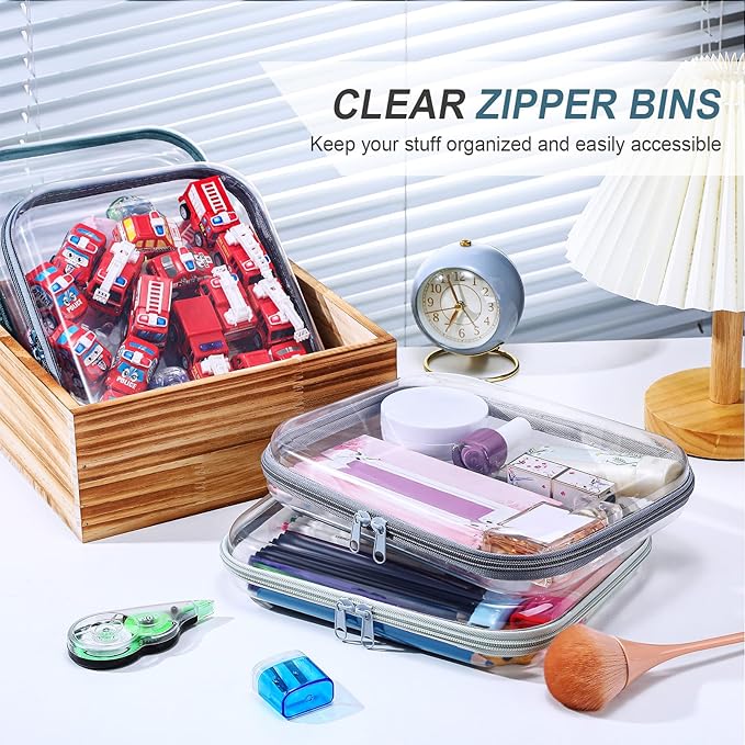 Hoolerry 4 Pcs Hard Clear Zipper Case Makeup Bags Plastic Pencil Pouch Transparent Storage Box Containers for Cosmetics, Snacks, Building Blocks, Puzzles(Morandi,9.8 x 7.9 x 2 in)