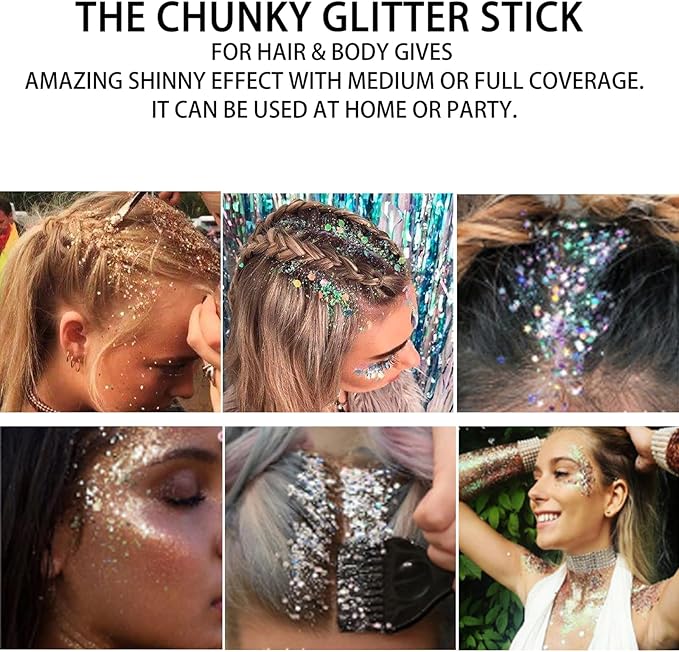 Gold Face Body Glitter Stick, Mardi Gras Outfit for Women and Kids,Sparkly Holographic Party Festival Rave Mardi Gras Accessories for Carnival,Chunky Holographic Face Glitter Makeup