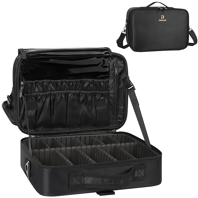 MONSTINA Travel Makeup Train Case,13.8 inches Large Cosmetic Case,Makeup Brush Holder Organizer and Storage with Adjustable Dividers and Shoulder Strap (Black)