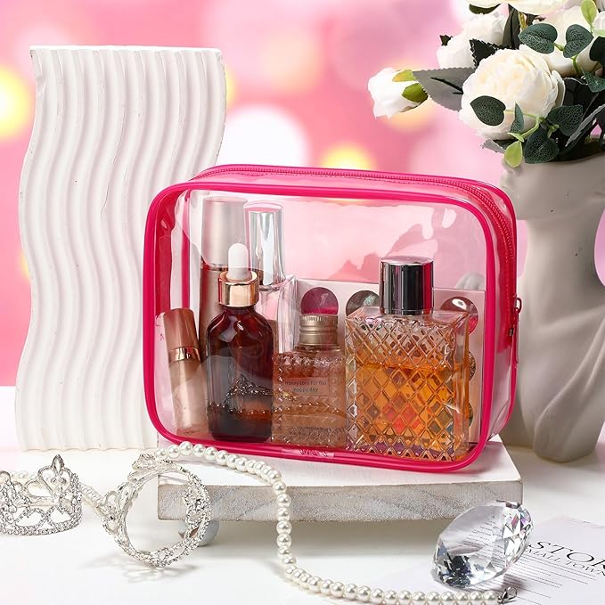 Weewooday 12 Pieces Clear Makeup Bags Cosmetic Storage Bags PVC Zipper Pouches Travel Waterproof Makeup Plastic Case for Women Organizing Toiletries Traveling Bathroom(Medium,Rose Red)