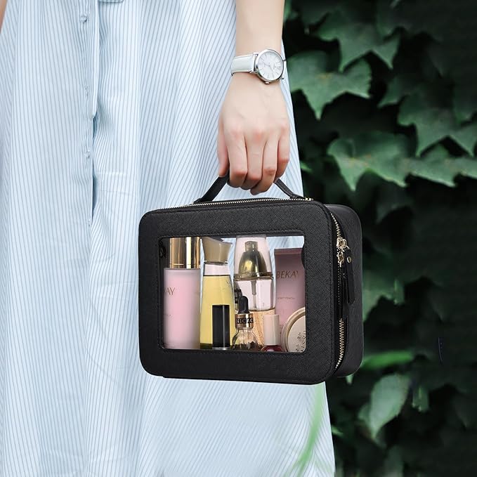 Pinkmik Clear Makeup Bag for Women Waterproof Travel Cosmetics and Toiletries Case Portable Makeup Oaganizer Bag Clear Car Bag with Zipper (Black, L)