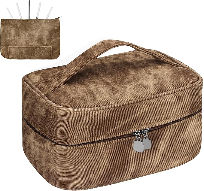 Makeup Bag, Portable Cosmetic Bag, Large Capacity Travel Makeup Case Organizer,Stylish Denim-Look Toiletry Bag for Women Girls With Handle and Removable Pouch