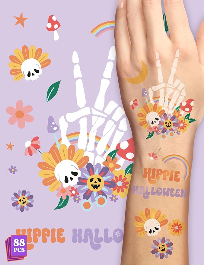 HOUSE OF PARTY Halloween Temporary Tattoos for Kids - Pack of 88 - Hippie Temporary Tattoos - Non-Toxic Waterproof Stickers for Adults and Women - Ideal for Halloween Party Favors and Decorations!