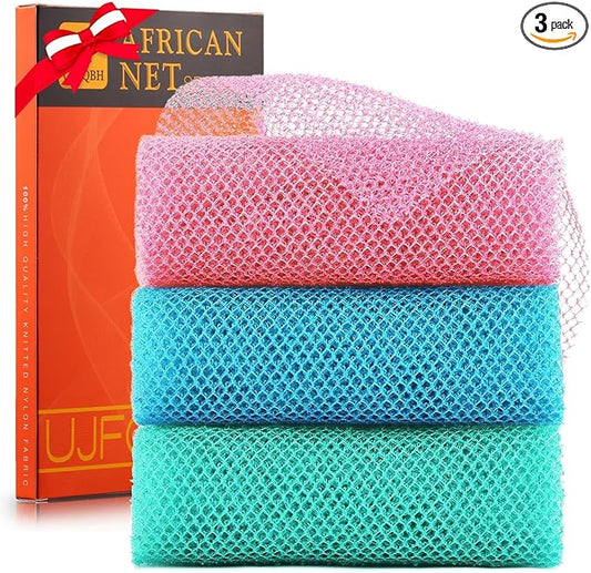 UJFQBH 3 Pieces African exfoliating net African Net Long Net Bath Sponge Exfoliating Shower Body Scrubber Back Scrubber Skin Smoother,Great for Daily Use (Pink, Blue, Green)