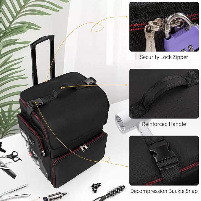 Large Makeup Train Case,Cosmetic Makeup Case for Hairstylist, Hairdresser Bag with Detachable Pouch,Heat Insulation and Anti-scalding Full layer for Hairdressing Tool Organizer Trolley with wheels