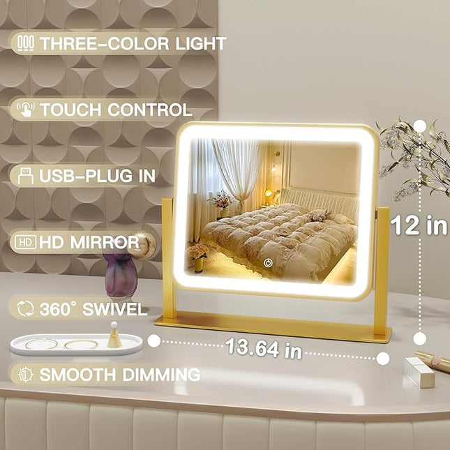 ROLOVE Gold Vanity Mirror with Lights, 14"×12" LED Makeup Mirror, Lighted Makeup Mirror with Lights, Smart Touch Control 3 Colors Dimmable, Lighted Up Mirror for Makeup Desk, 360° Rotation