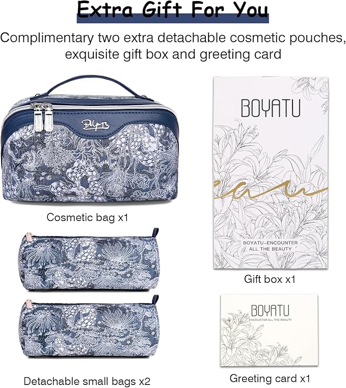BOYATU Travel Makeup Bag for Women: Large Capacity Make up Bag with Compartments - Vegan Leather Cosmetic Bag set of 3 - Waterproof Toiletry Bag with Handle & Divider(D-03Blue)
